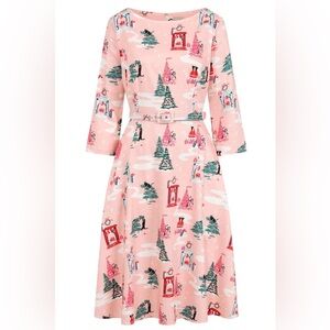Unique Vintage Royal Monk Pink Kitschy Christmas Holiday Print Retro Dress